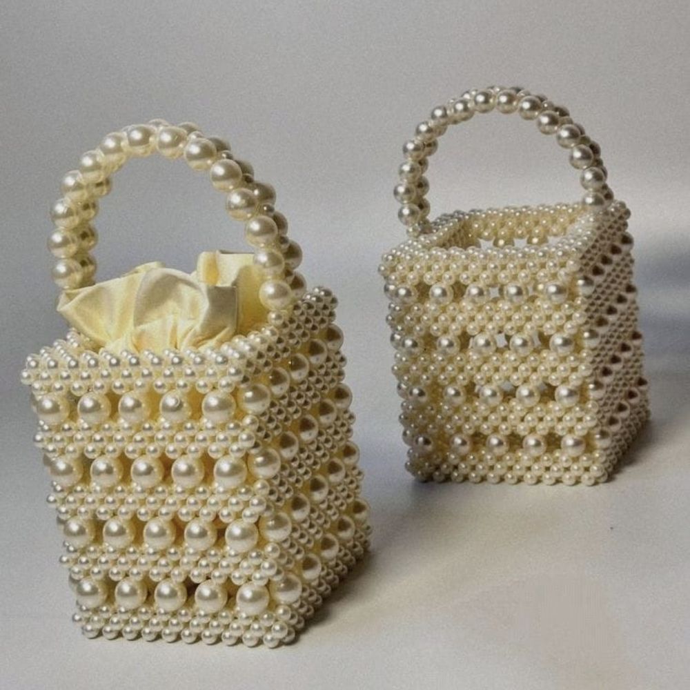 Handmade Pearl Beaded Mini Tote Bag – A Touch of Timeless Elegance