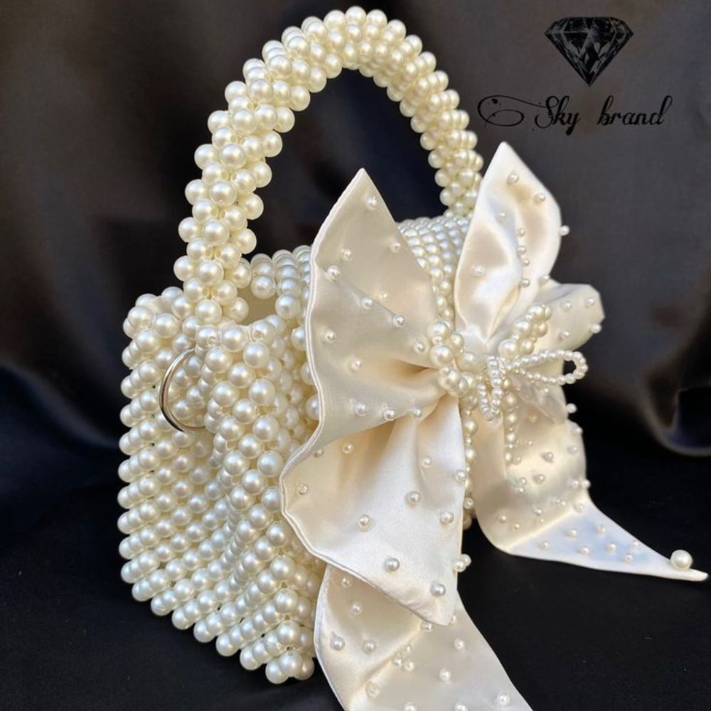 Handmade Pearl Beaded Bag with Satin Bow – A Touch of Elegance and Charm