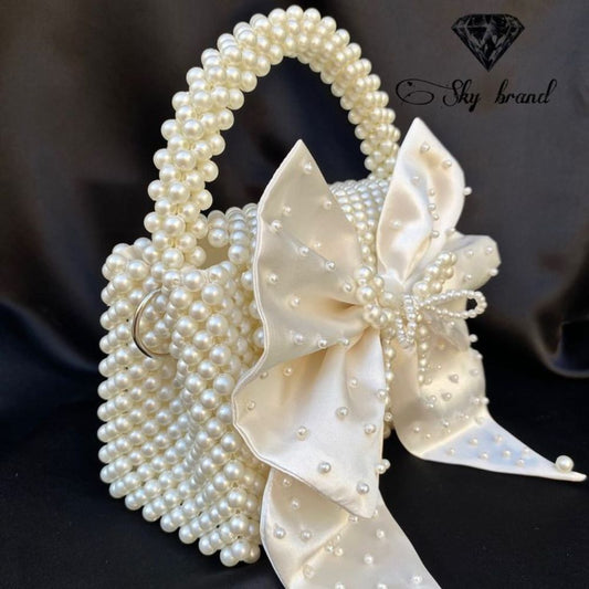 Handmade Pearl Beaded Bag with Satin Bow – A Touch of Elegance and Charm