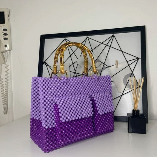 Handmade Purple Crystal Beaded Tote Bag – Bold Elegance in Every Detail