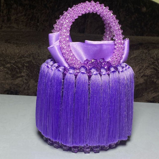 Handmade Purple Crystal Beaded Fringed Bag – Where Elegance Meets Playfulness
