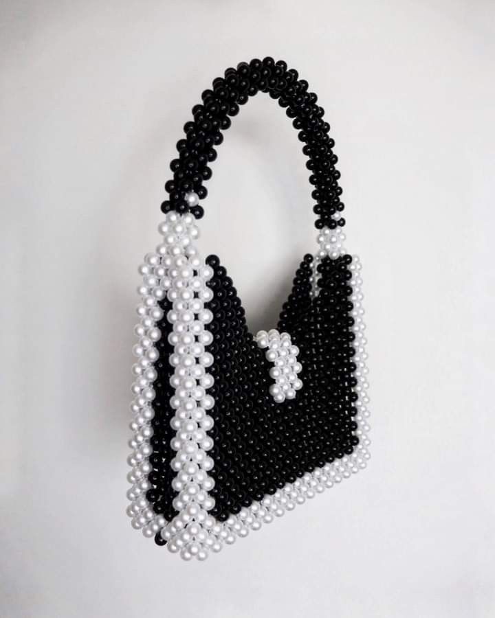 Monochrome Elegance Beaded Handbag