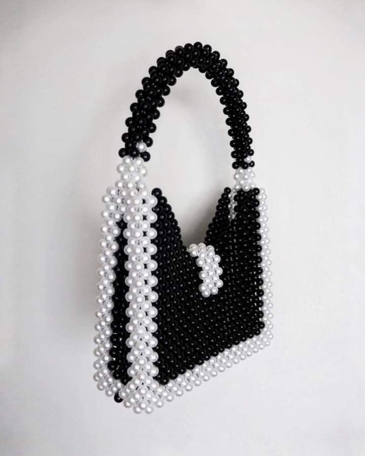 Monochrome Elegance Beaded Handbag
