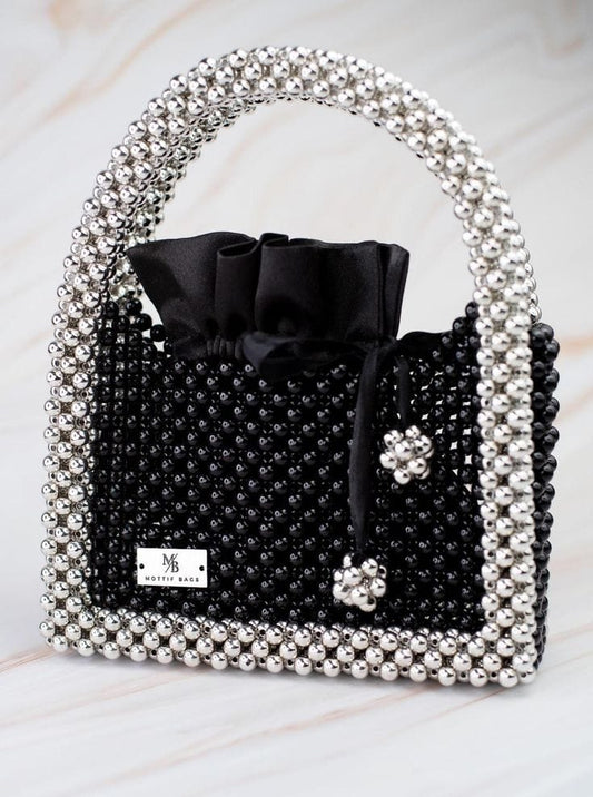 Elegant Handmade Beaded Evening Bag for Ladies - Black and Silver